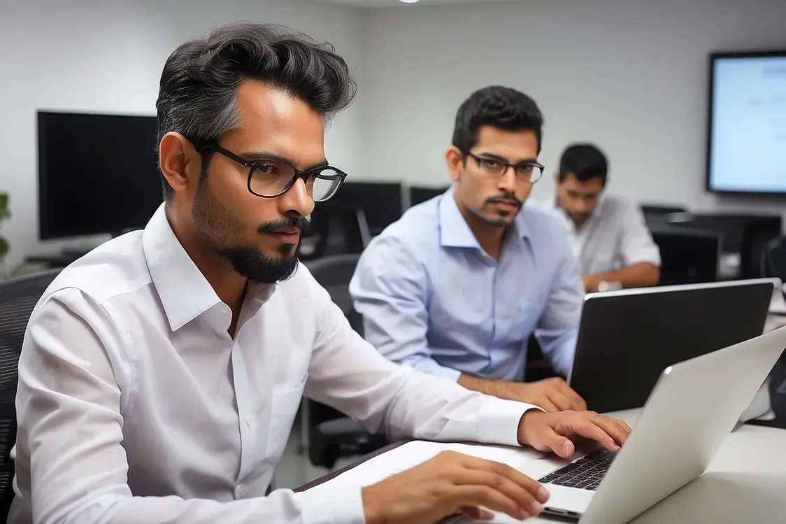 Profissionais conversando ao redor de um computador portátil